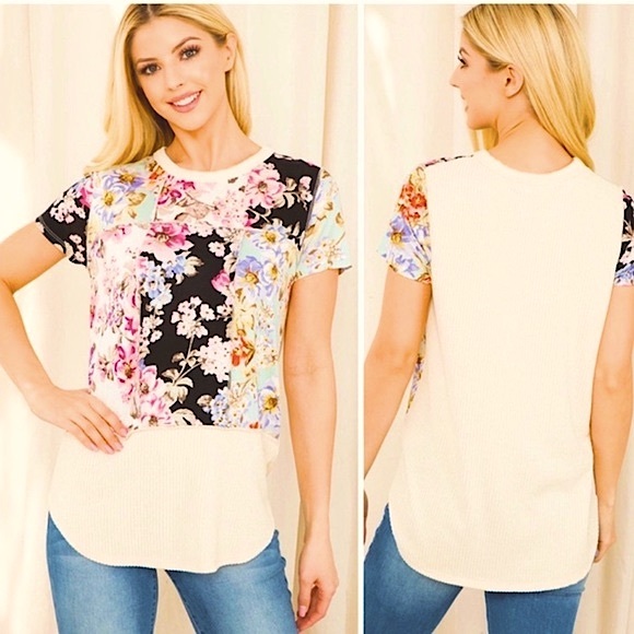 ✌🏼 #1334 Color Block Floral Contrast Gorgeous Tee - Picture 3 of 17